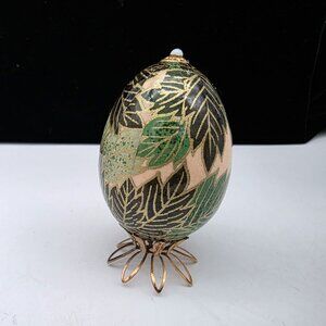 Hand-Painted Decorative Egg With Leaf Pattern & Gold Stand Moonstone Bead